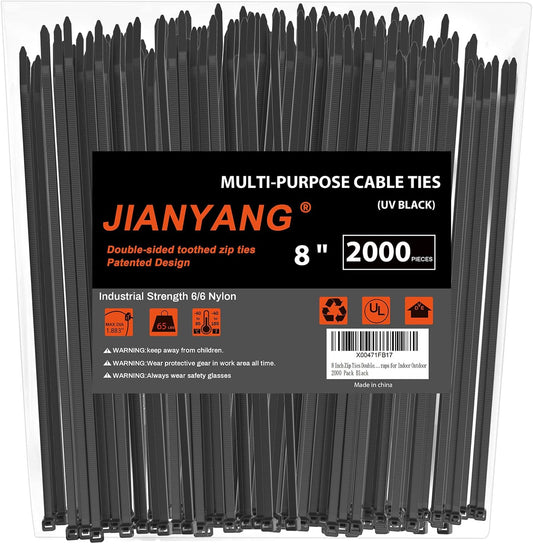 8 Inch Zip Ties Double Sided Toothed (Bulk 2X1000 Pack Black),65lbs Tensile Strength Heavy Duty Cable Wire Ties with Self-Locking Adjustable Nylon Tie Wraps for Indoor Outdoor (Patented Design)