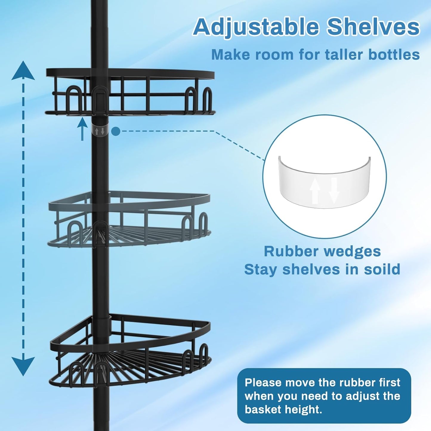 Rustproof Corner Shower Caddy Freestanding Tension Pole, 4 Large Baskets for Bathtub Shampoo Storage Organizer Bathroom Height Adjustable Shelves from 23.6 to 114.5 Inch with Towel Bar