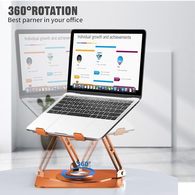 Laptop Stand for Desk, Adjustable Computer Stand with 360° Rotating Base, Ergonomic Laptop Riser for Collaborative Work, Foldable & Portable Laptop Stand, fits for All 10-16" Laptops (Orange)