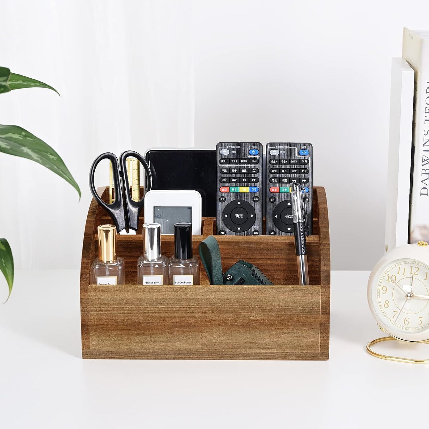 BONNY DODO Remote Control Holders Organizer Box for Table Small Solid Wooden Desk Farmhouse Home Decor Caddy Basket Store Tv Remote for Media Player,Pencil,Glassees&Office Supplies (Brown-M, M)