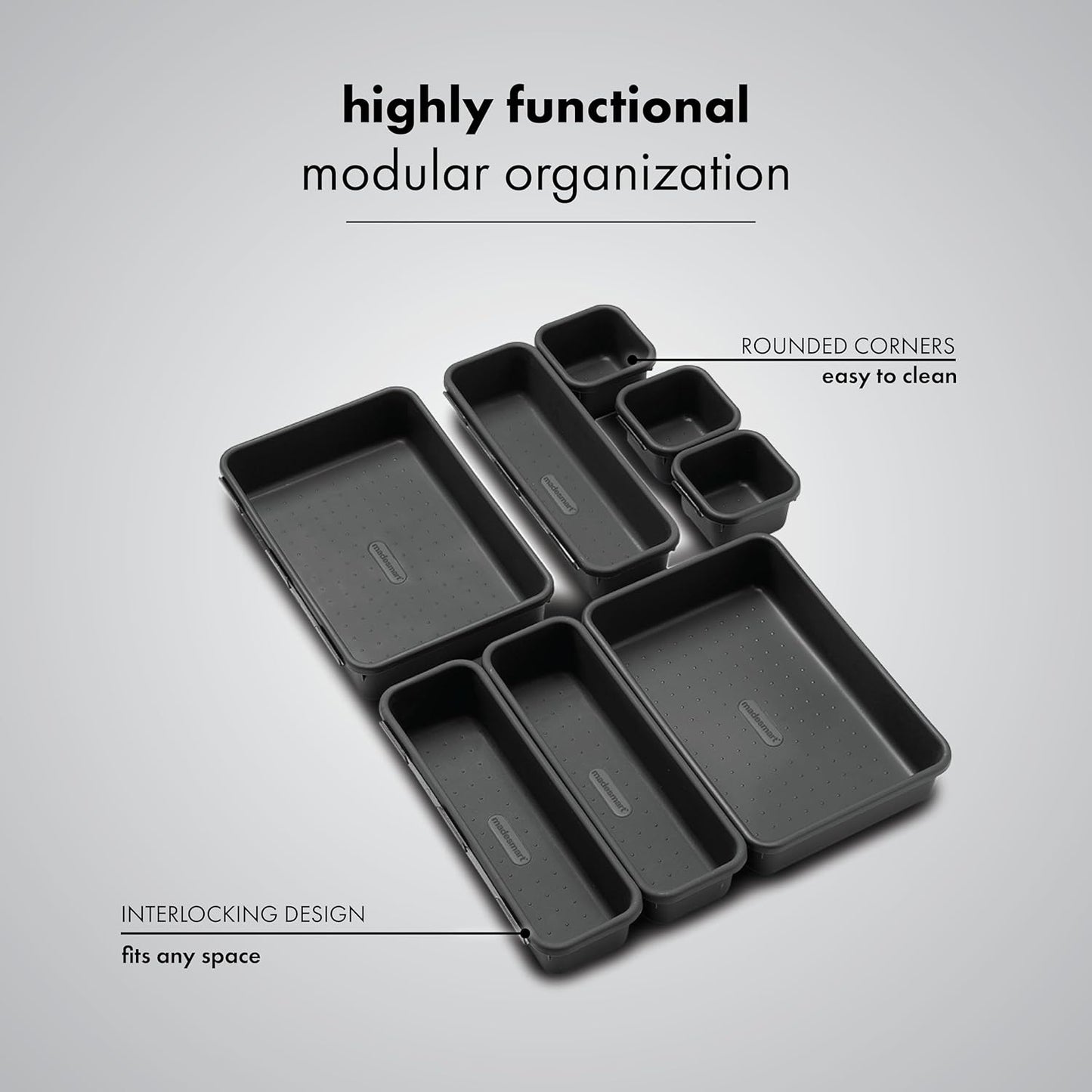 Madesmart 8-Piece Interlocking Bin Pack for Drawer Organization, Plastic Interlocking Junk Drawer Organizer Tray, Granite