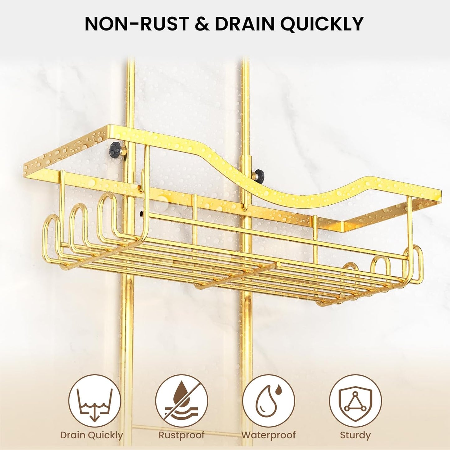 Shower Caddy Hanging Adjustable Shower Caddy, Rustproof Shower Organizer Extended Length Showers Caddy Over Shower Head with Hooks Soap Holder, Large Capacity Anti-Swing Bathroom Organizer, Gold