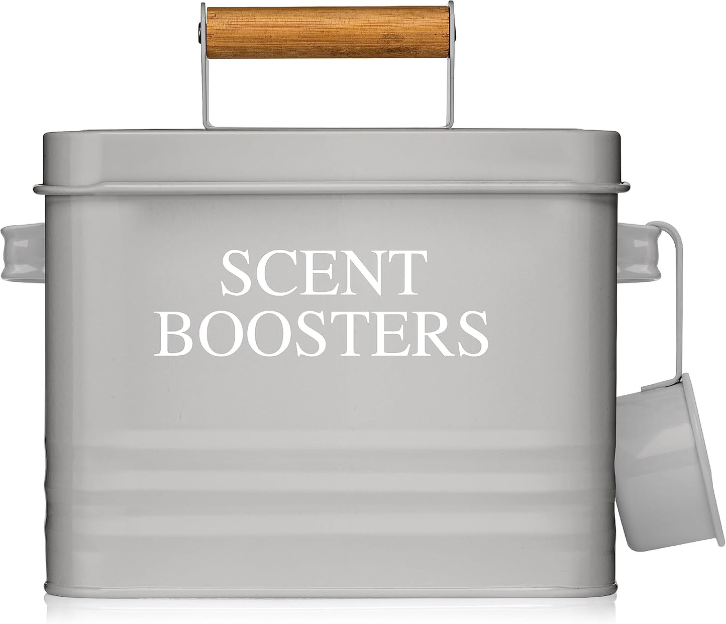 Calindiana Metal Laundry Holder, Grey, Modern Farmhouse Design, Scent Booster Beads Dispenser with Lid, Storage Container with Scoop & Handles, Space Saving Laundry Room Organization, 53 oz Capacity