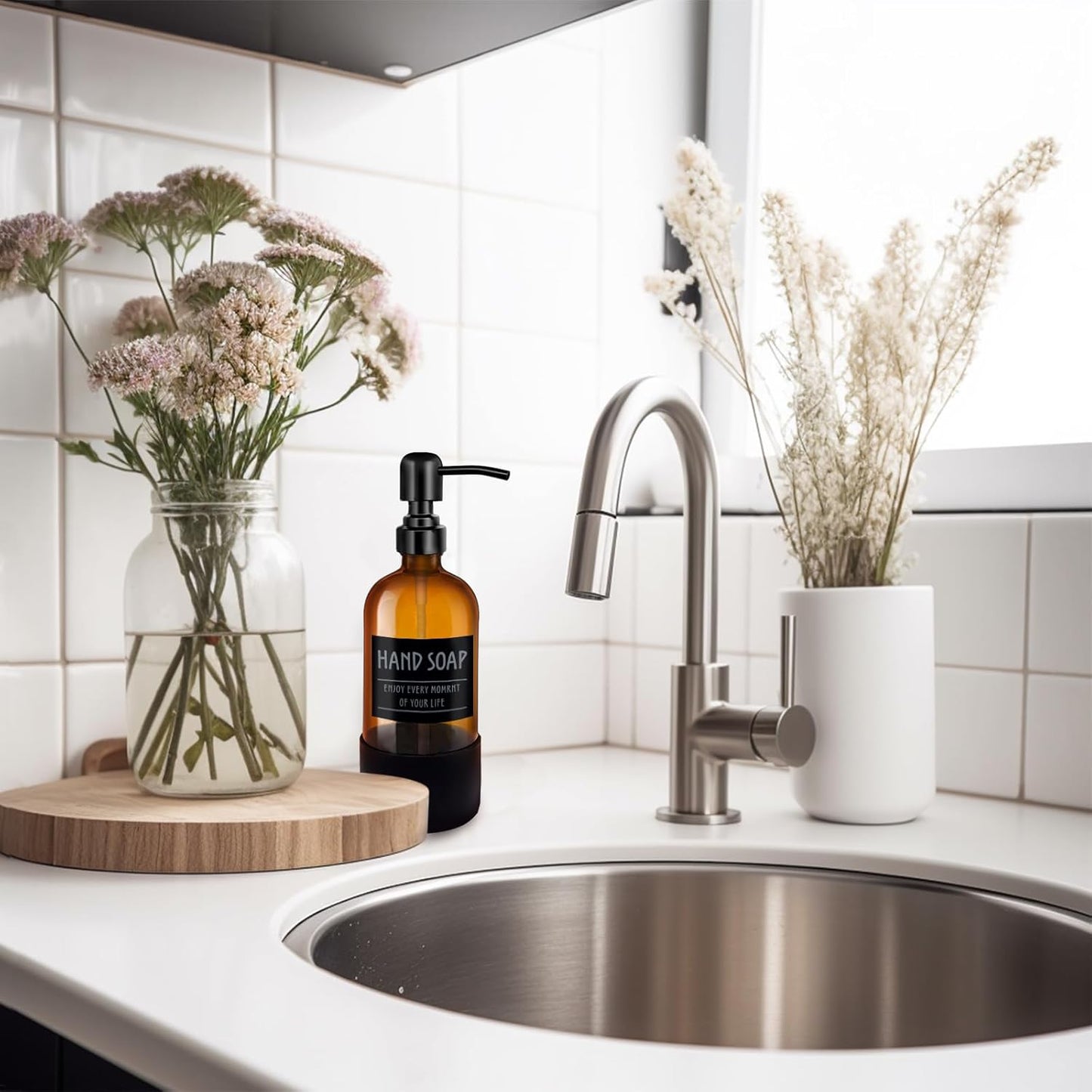 16oz Amber Glass Soap Dispenser with Stainless Steel Pump and Silicone Base for Kitchen and Bathroom