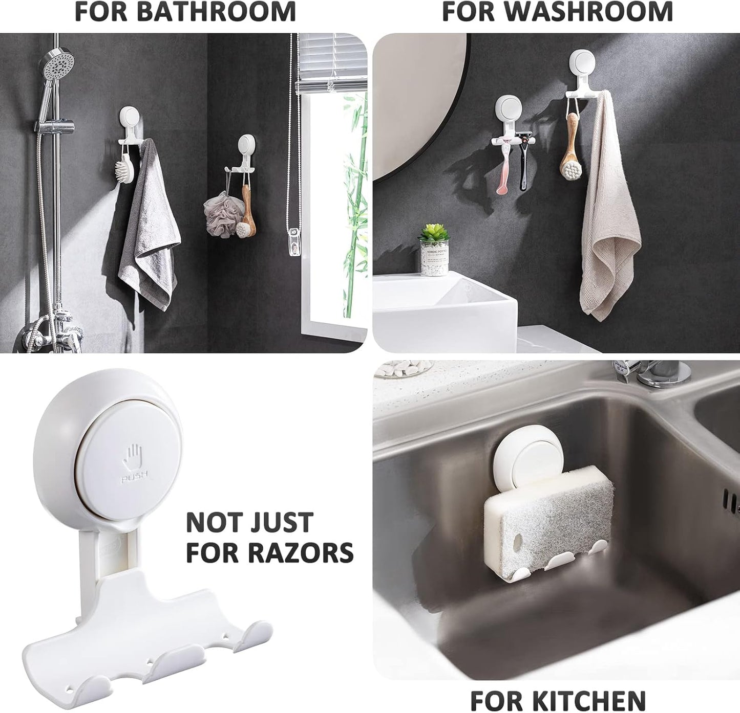 LEVERLOC Razor Holder for Shower 2 Pack, Powerful Suction Cup Shower Hooks for Towel, Loofah, Razor, Squeegee, Damage-Free Wall Hooks, Shaver Holder for Bathroom, Easy to Install and Reuse, White