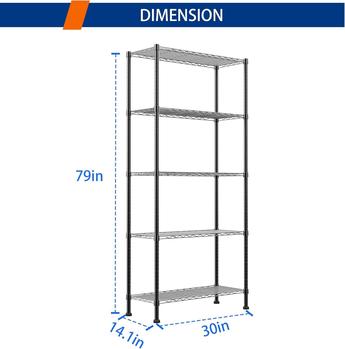 REGILLER 5-Wire Shelving Metal Storage Rack Adjustable Shelves,Standing Storage Shelf Units for Laundry Bathroom Kitchen Pantry Closet(Black,14.1" D x 30" W x 79" H)