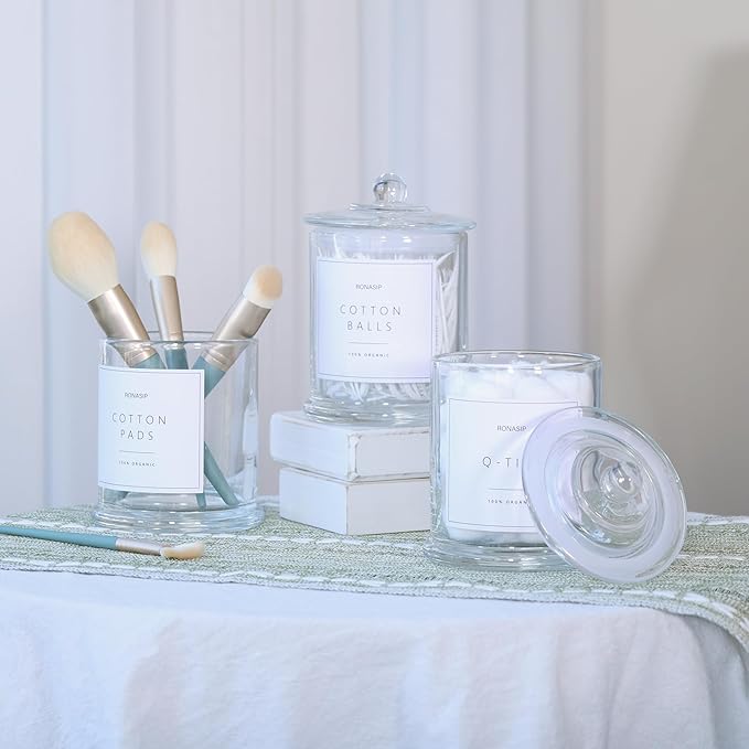 3 Pack Qtip Holder Dispenser, 16oz Bathroom Organizer and Storage Canisters, Glass Apothecary Jars with Lid - Home Decor, Room Decor Aesthetic(Transparent)