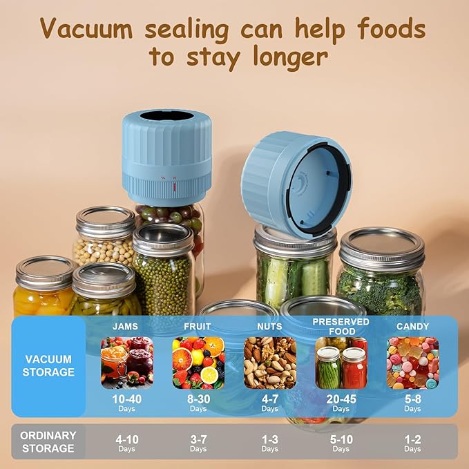 Fully Automatic Mason Jar Vacuum Sealer Kit, Auto Stop Mason Jar Vacuum Sealer Kit, Jar Vacuum Sealer for Mason Jars, Jar Vacuum Sealer, A Must-Have for Canned Foods Pantry Canning Pickling