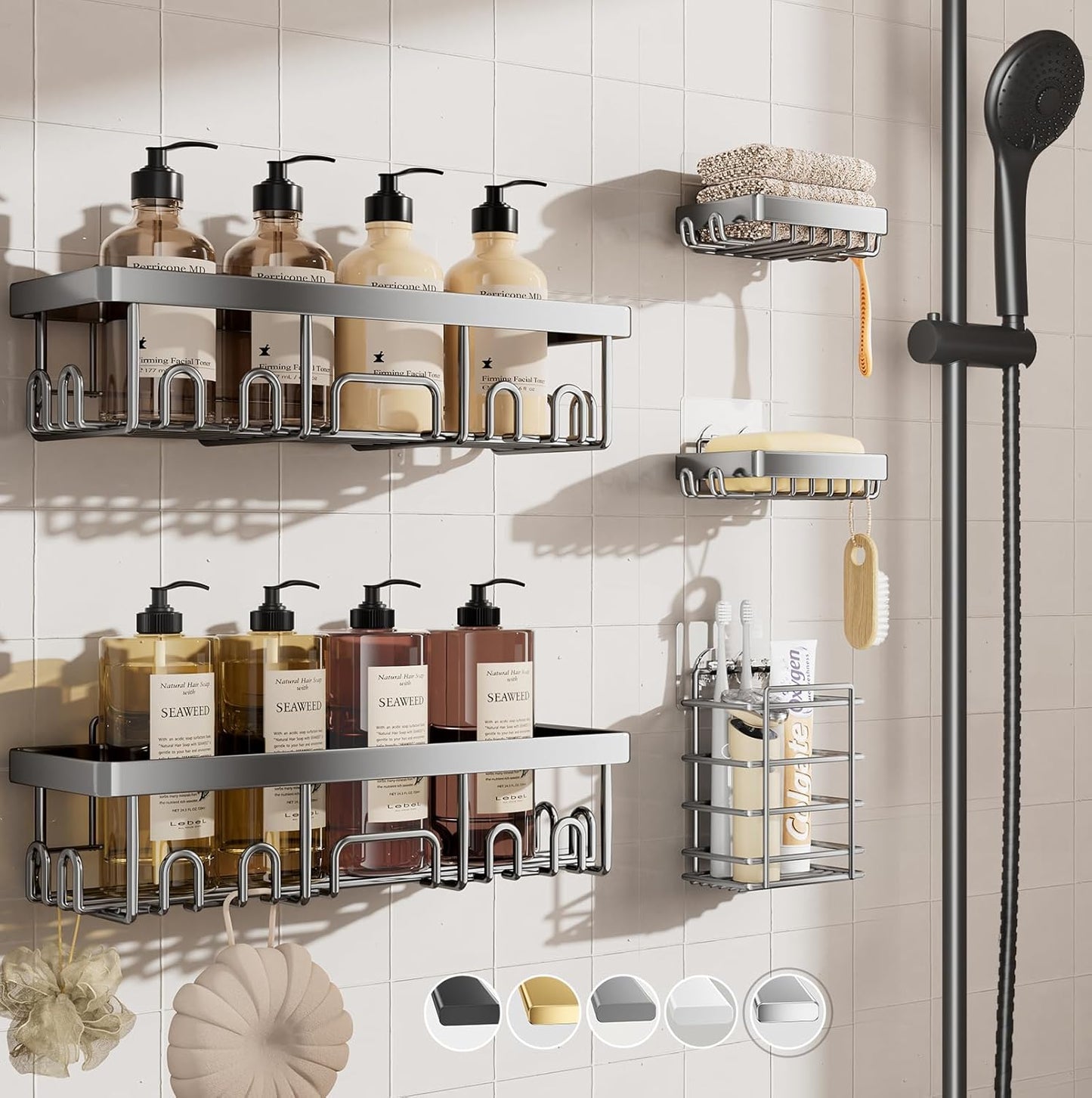 Veken Adhesive Shower Caddy 5-Pack,Heavy Weight Bearing,Large Wall Mounted Shower Shelves Rack,Organizer Storage Accessories with Soap Dish&Toothbrush Holder,Ideal for Bathroom,Home&Kitchen,Silver