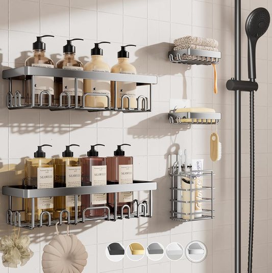Veken Adhesive Shower Caddy 5-Pack,Heavy Weight Bearing,Large Wall Mounted Shower Shelves Rack,Organizer Storage Accessories with Soap Dish&Toothbrush Holder,Ideal for Bathroom,Home&Kitchen,Silver