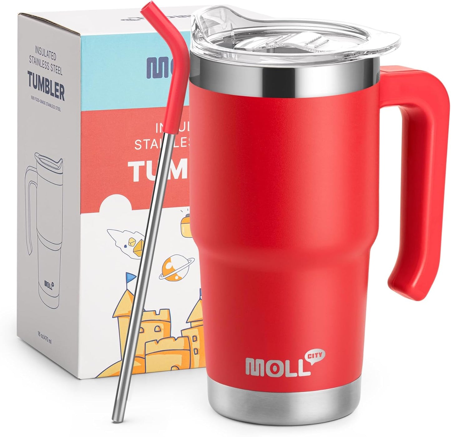 Kids Tumbler with Handle-16 oz Stainless Steel Vacuum Insulated Water Cup with Lid and Straw for Travel, Cupholder Friendly-Gift for Girl-Canyon Red