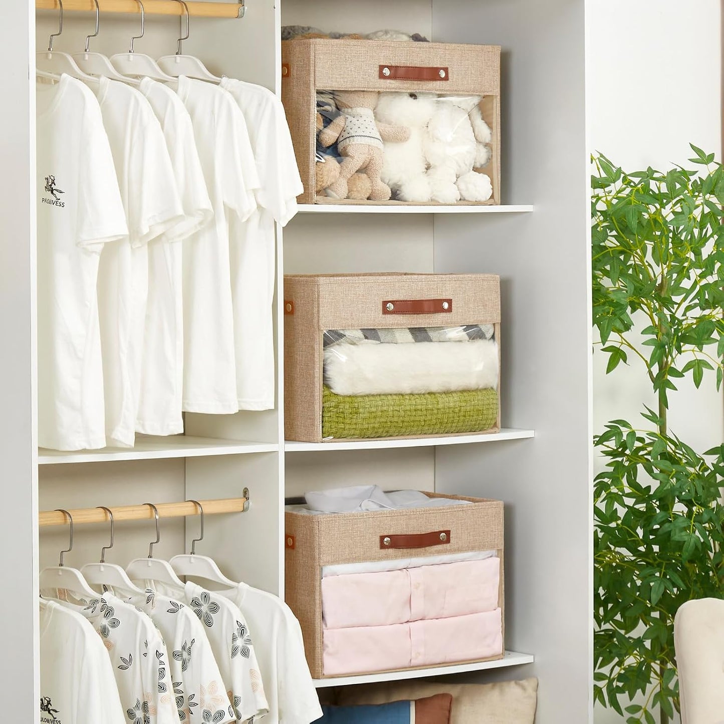 Extra Large Storage Baskets with Clear Window, See Through Closet Organizer with PU Handles, Linen Foldable Storage Bins for Organizing Clothes, Toys, Books (Khaki)