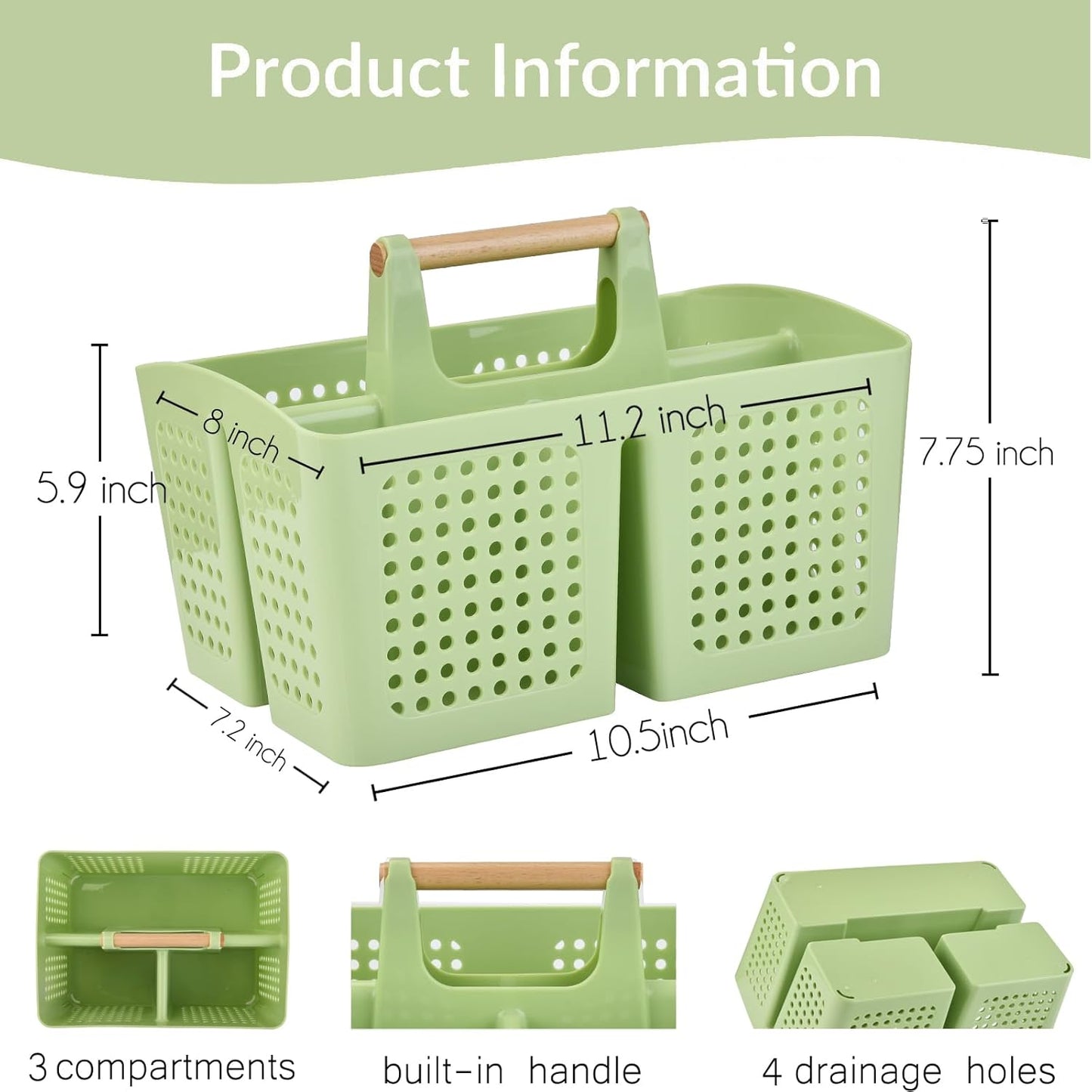 Portable Shower Caddy Basket with Compartments, Plastic Divided Cleaning Caddy Organizer Storage Tote with Handle for Bathroom, College, Dorm Room Essentials, Grass Green