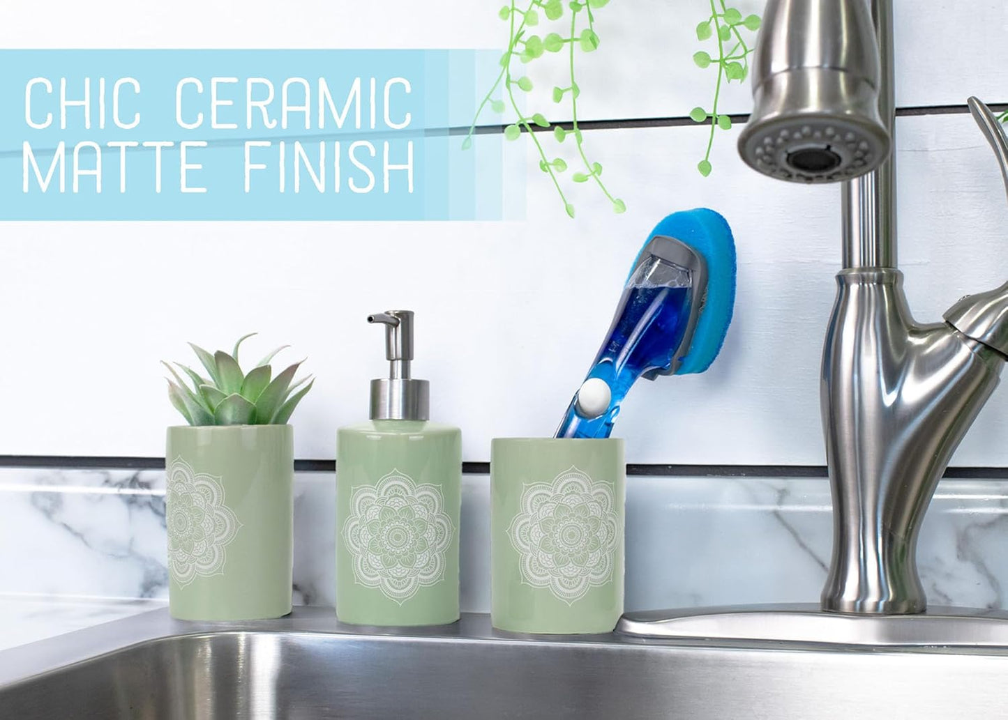 NAT & Jules Chic Modern Rounded 4.5 inch Ceramic Bathroom Accessories Set of 4 - Home Décor & Organization Perfect for Bath or Kitchen Household Essentials, Mandala Sage Green