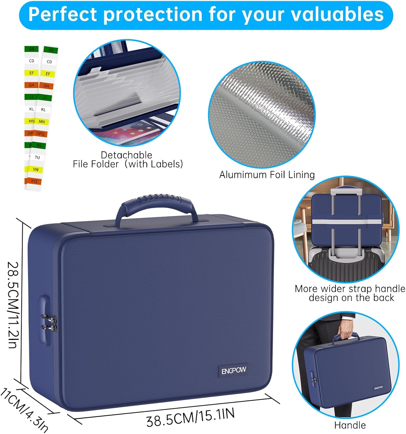 ENGPOW 5200℉ Fireproof File Organizer Bag with 13 Pocket Accordion File Folder,Document Organizer Box with Lock&Labels,Multi-Layer Portable Home Travel Safe Storage Box for Important Documents,Blue