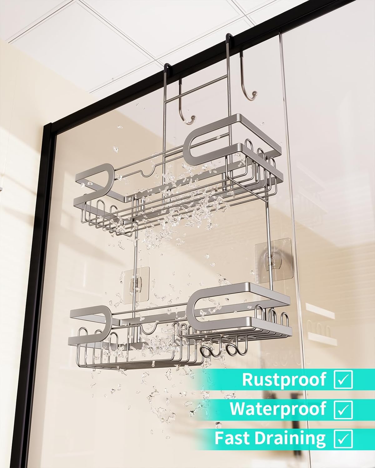 HapiRm Shower Caddy over Door- Hanging Shower Organizer with 14 Hooks and Soap Holder, Rustproof & Waterproof Stainless Steel Bathroom Shelf - Brushed Nickel