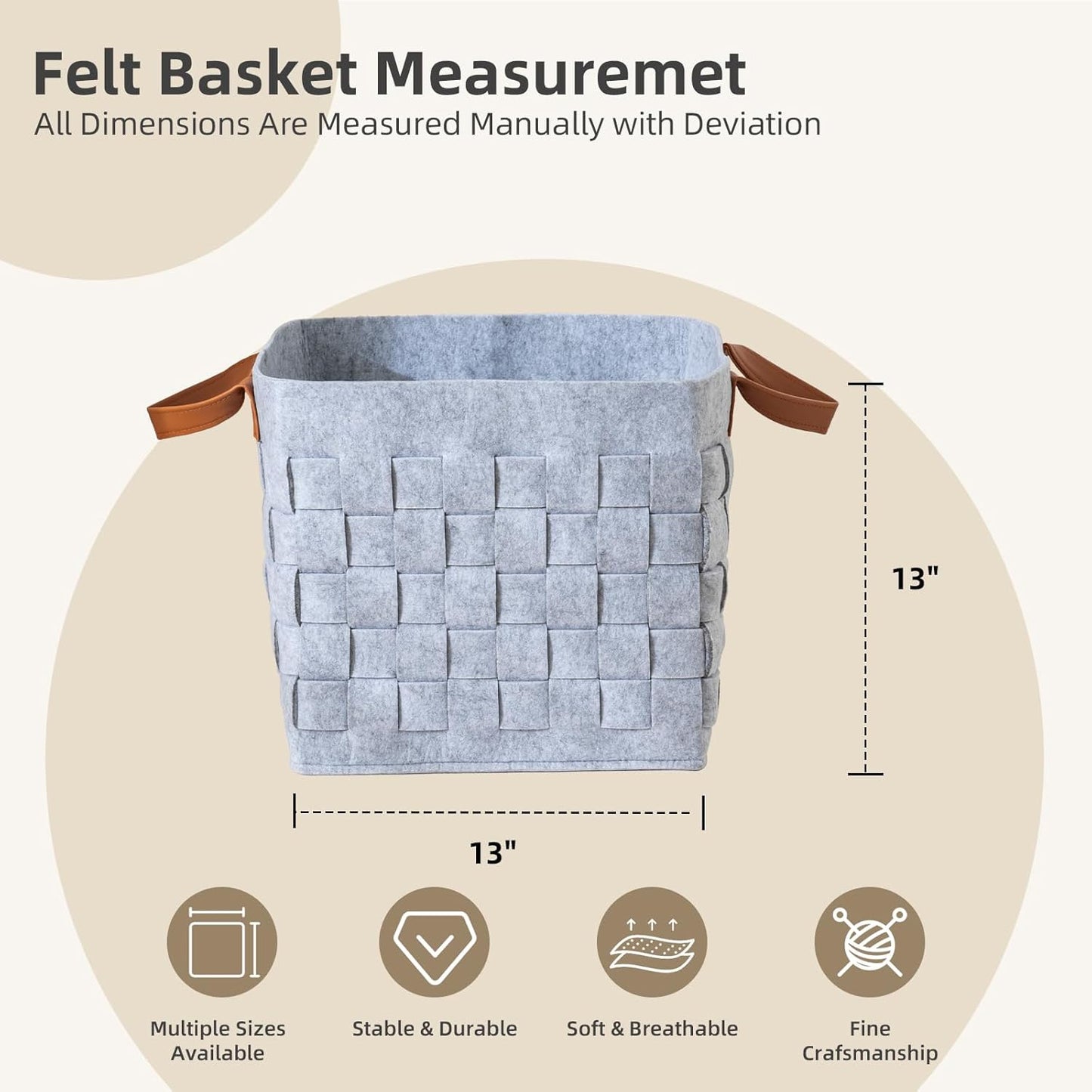 Storage Basket 3 Pack, 13" x13" x13 " Large Blanket Baskets with Leather Handle, Cube Felt Fabric Storage Box for Shelves, Bedroom, Nursery, Living Room - Light grey