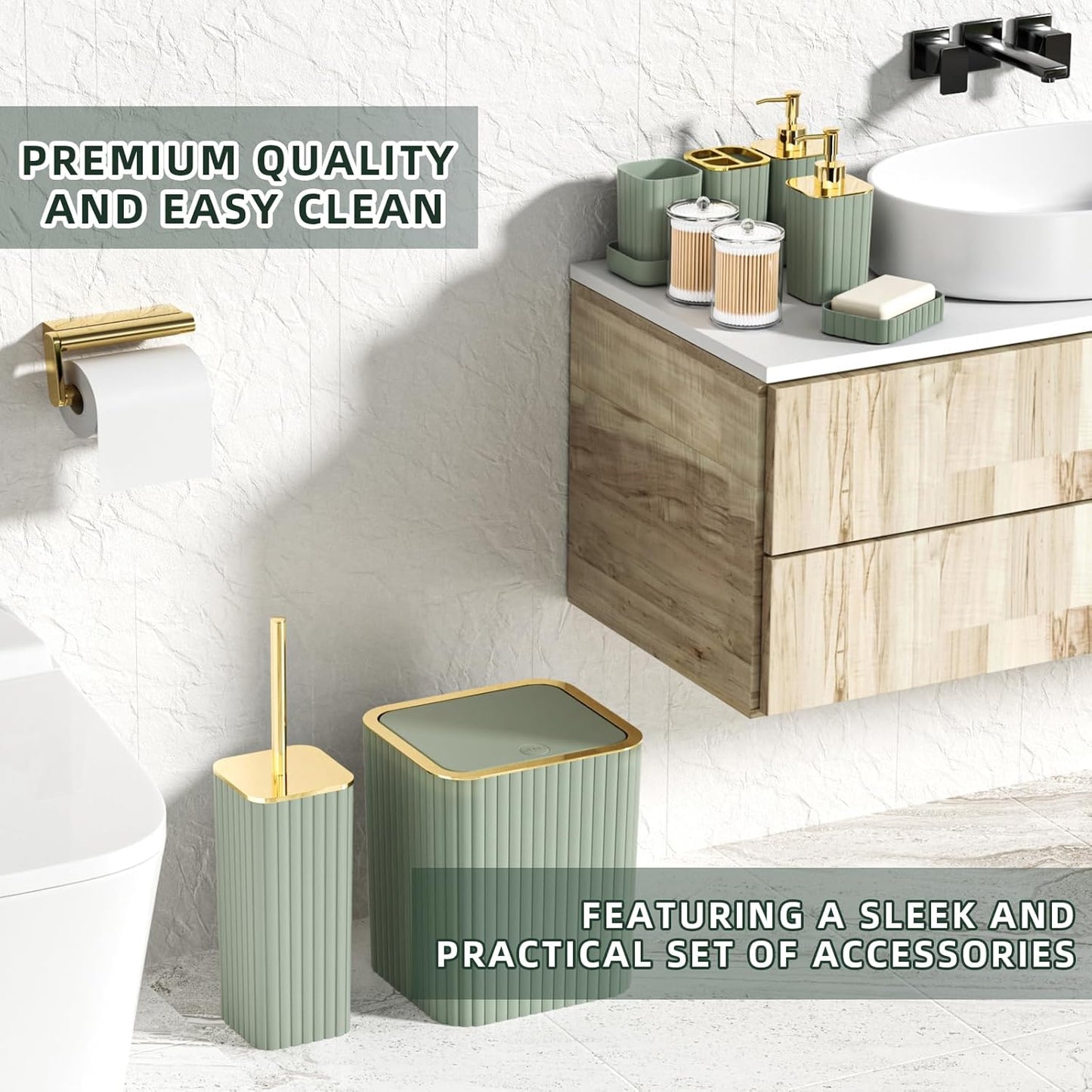 Bathroom Accessories Set - 25PC Sage Green Bathroom Set, Bathroom Set with Shower Curtain and Rugs, Sage Green Shower Curtain Set, Bathroom Accessory Set, Trash Can & Soap Dispenser