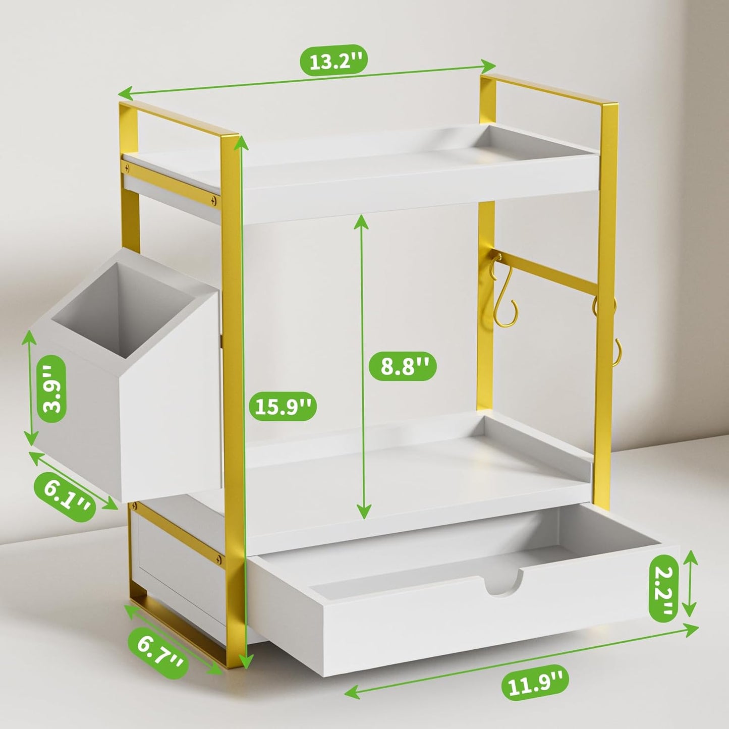 2-Tier Bathroom Counter Organizer with Drawer and Basket, Wood Countertop Organizer for Storage, Skincare Organizers for Vanity, Counter Shelf for Bathroom Organization(White-gold)