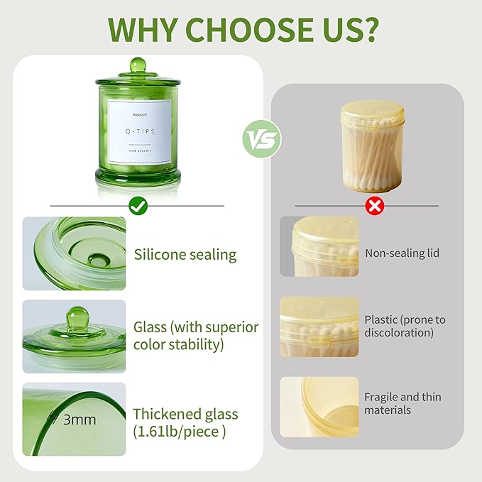 3 Pack Qtip Holder Dispenser, 16oz Bathroom Organizer and Storage Canisters, Glass Apothecary Jars with Lid - Home Decor, Room Decor Aesthetic (Green)