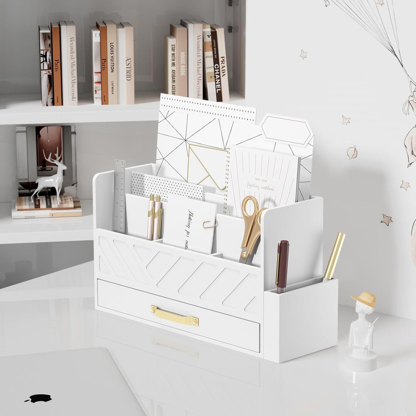 Bamboo Desk Organizer Mail Holder Countertop Wood Desk Drawer Tabletop Storage Box Pen Holder Letter Sorter Makeup Organizer for School Home Office Supplies with Pen Holder White