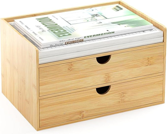 Wisuce Desk Organizer with Drawers - Bamboo Desktop Organizer Storage-Natural Wood Desk Drawers Organizer for Bills, Office Supplies, Cosmetics, Seals No Assembly Required(2 drawers with Shelf)