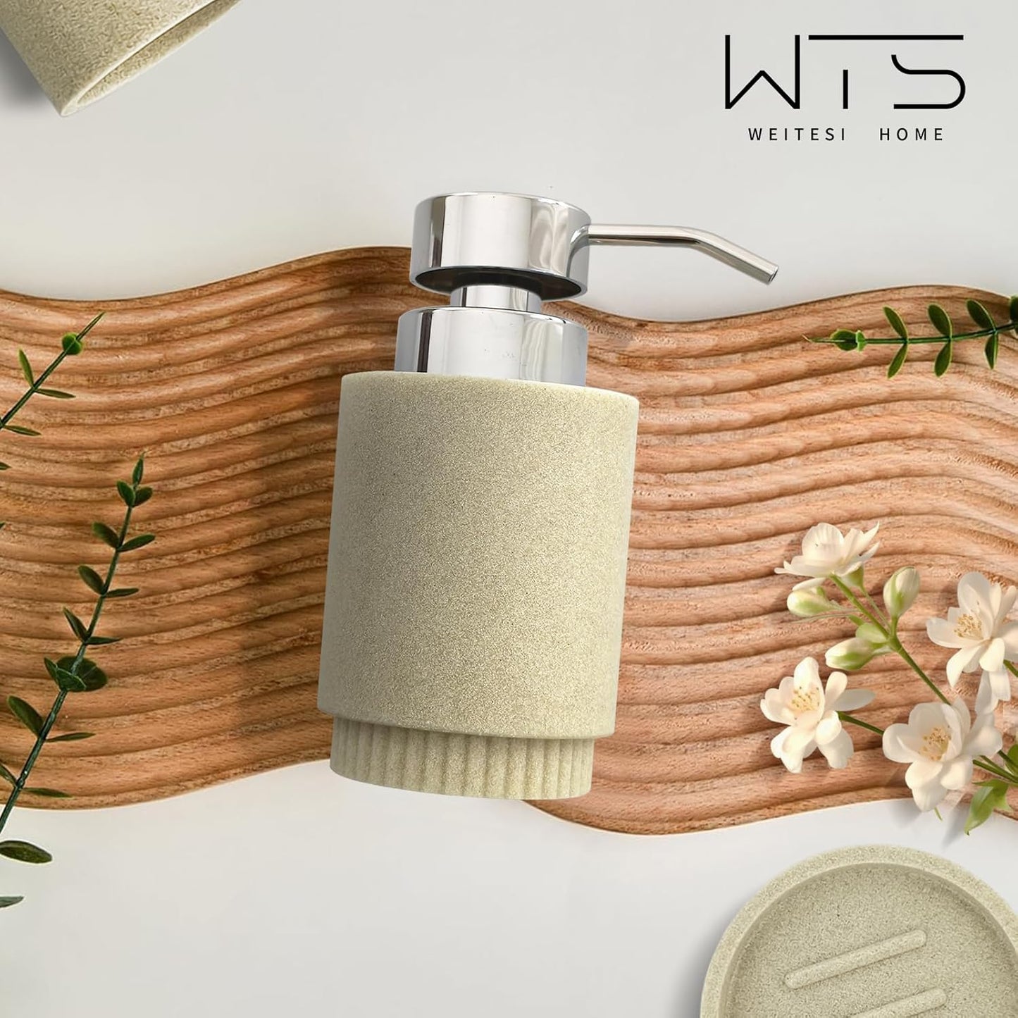 Resin Bathroom Accessories Set, 4 Pcs Modern Bathroom Accessory Set with Liquid Plastic Pump Lotion Soap Dispenser,2 Toothbrush Cup, Soap Dish Countertop Vanity Organizer (Beige)