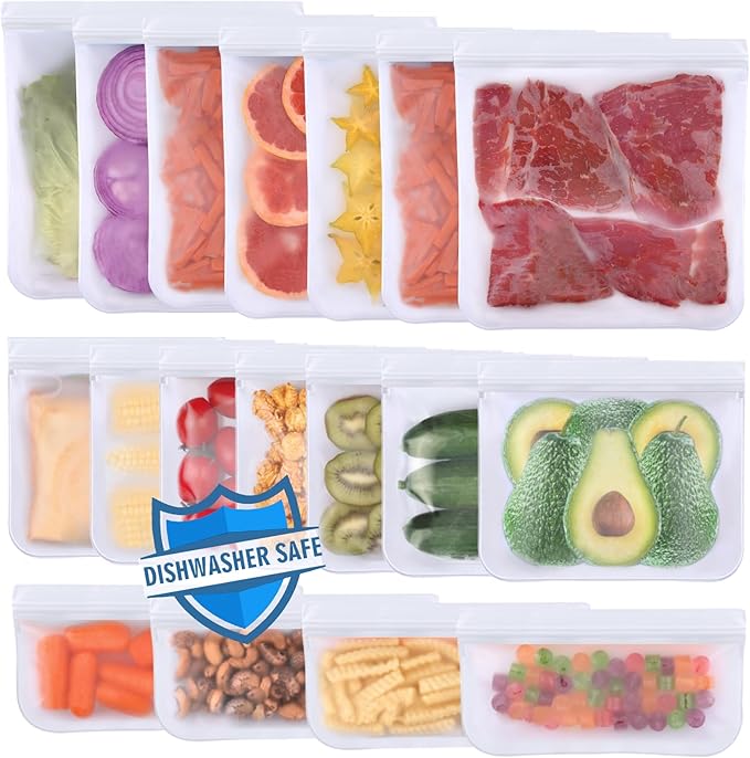 Lerine Dishwasher Safe Reusable Bags, Leakproof Reusable Freezer Bags, BPA Free Food Storage Bags for Lunch Marinate Food Travel (White, 18 Pack-7 Gallon 7 Sandwich 4 Snack)