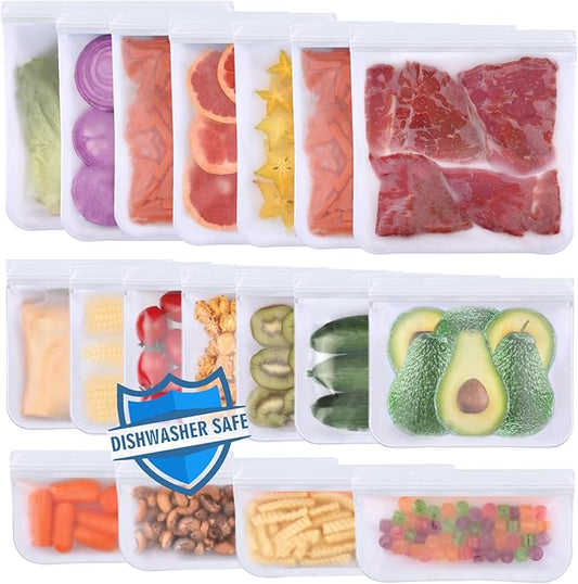 Lerine Dishwasher Safe Reusable Bags, Leakproof Reusable Freezer Bags, BPA Free Food Storage Bags for Lunch Marinate Food Travel (White, 18 Pack-7 Gallon 7 Sandwich 4 Snack)
