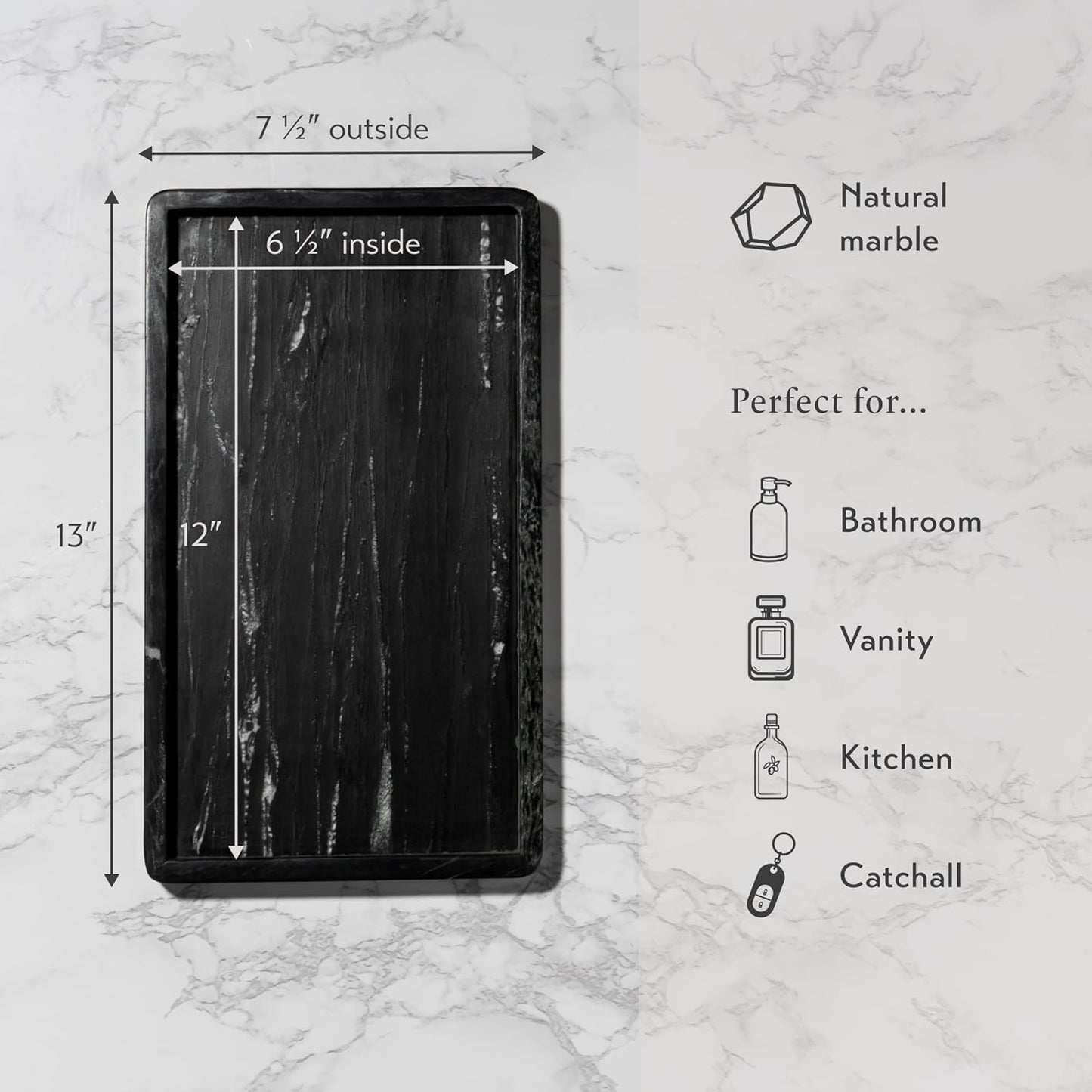 Cork & Mill Black Marble Tray for Bathroom Countertop, Kitchen Counter, or Catchall - 13" x 7½" Large Vanity Tray for Skincare or Perfume - Handcrafted Natural Marble Stone Organizer