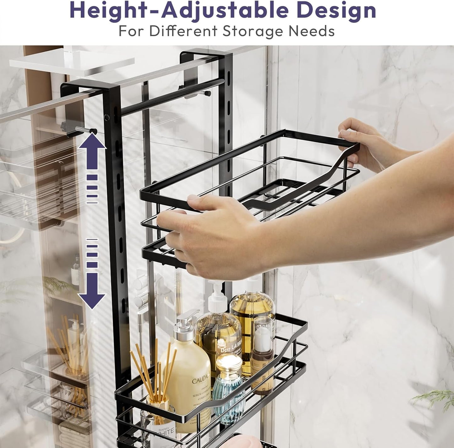 SWTYMIKI Over the Door Shower Caddy - 3 Tier Adjustable Shower Organizer Hanging with Soap Holder, No Drilling Stainless Steel Bathroom Rack Hanging for Body Wash, Shampoo, Soap, Razor, Black