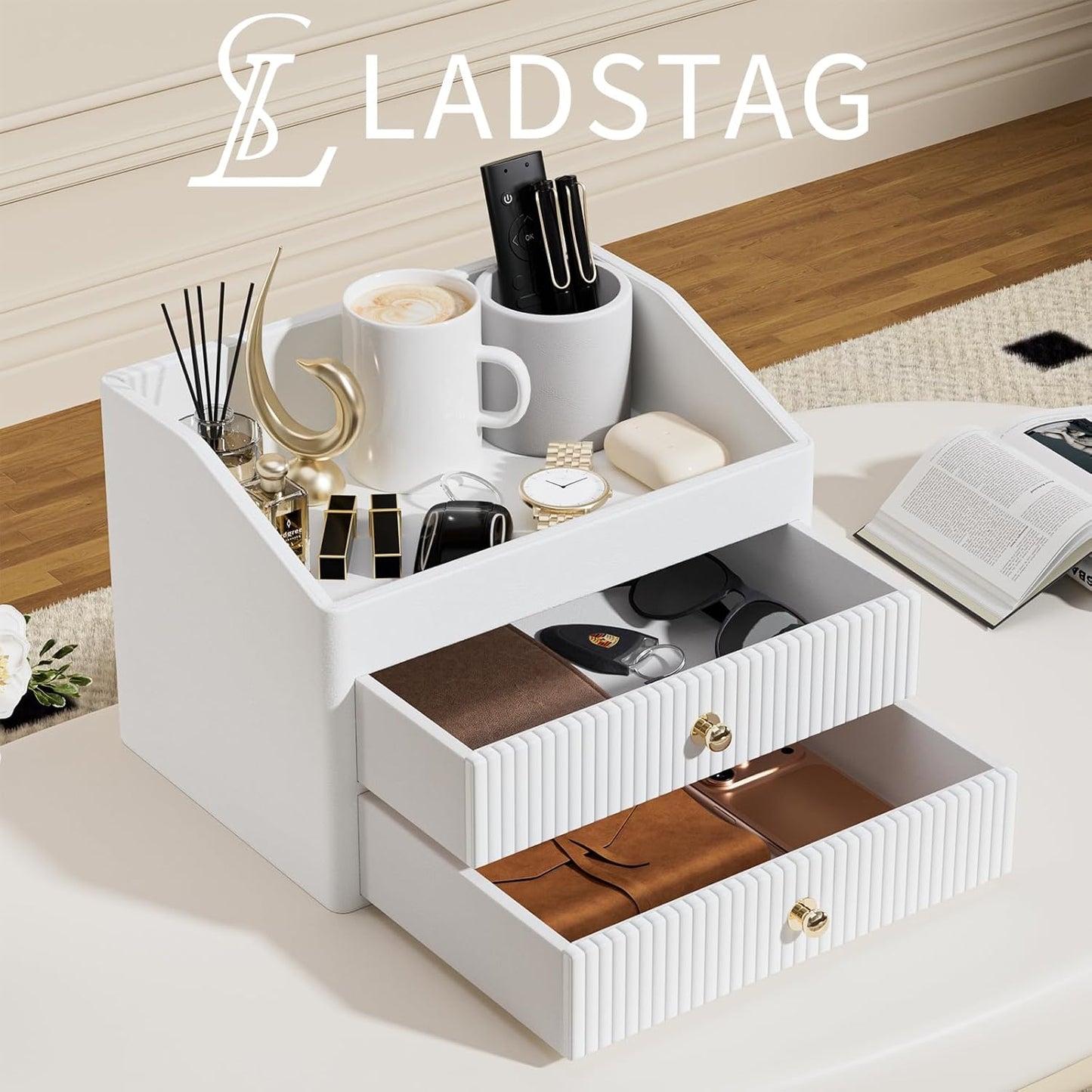 Desk Organizer,Beige White Vegan Leather Desk Accessories & Workspace Organizers with 2 Drawers & Tray,Key Holder with Gold-Tone Metal Accents knob，Jewelry Box,Nightstand