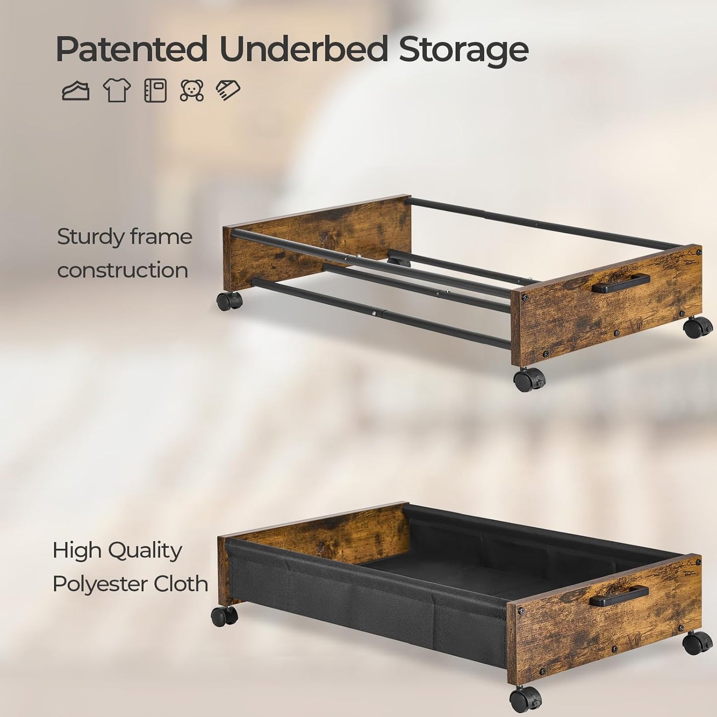 Under Bed Storage with Wheels, Wooden Under Bed Drawers On Wheels, Rolling Under Bed Shoe Storage, Space Saving, Rustic Brown,50L