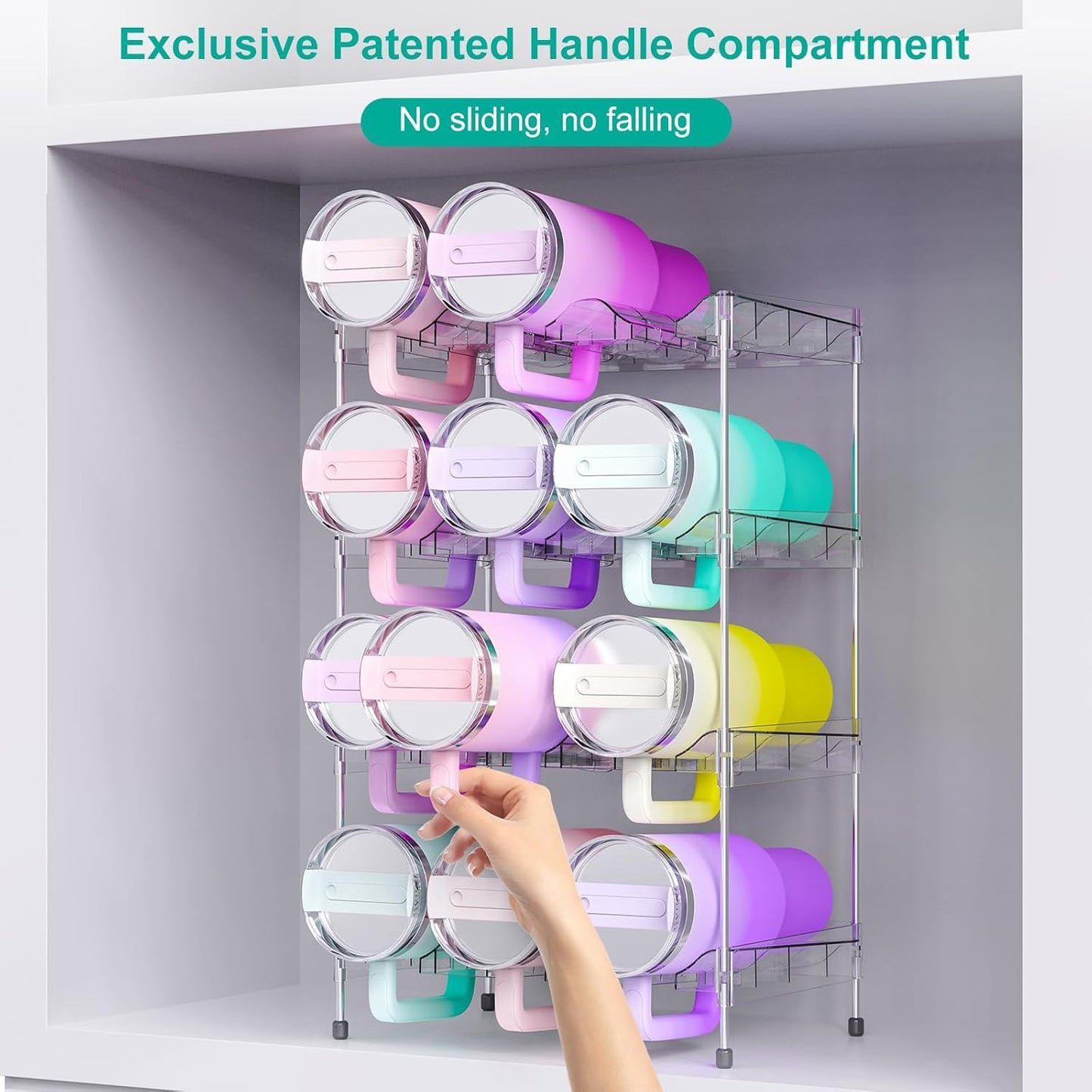 Reusable Stackable with Handle Compartment Water Bottle Tumbler Organizer for Stanley 40oz with Handle Cup, Stanley Accessories for Pantry, Cabinet & Kitchen Organization and Storage,4 Tier Hold 12