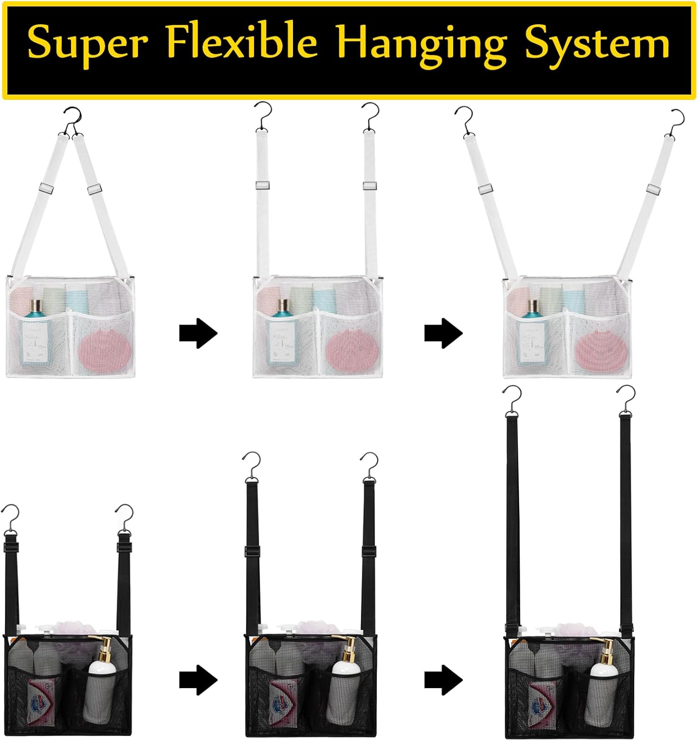 ALYER Mesh Shower Caddy, Bath Organizer with Adjustable Hanging Straps, Multipurpose Storage Bag for College,Camp,RV, Travel and Gym (Black)