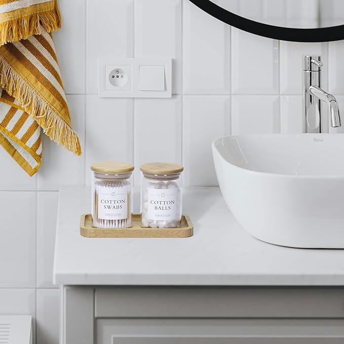 Qtip Holder with Vanity Tray - 2 Pack Glass Apothecary Jars with Lids, Cotton Ball Swab Pad Floss Pick Holder, Bathroom Organizers Jars Containers Canisters Accessories Set