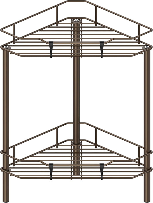 2 Tier Floor Standing Corner Shower Caddy Organizer Shelf with Hooks, Bathroom Shelves Stand Rack, Bronze