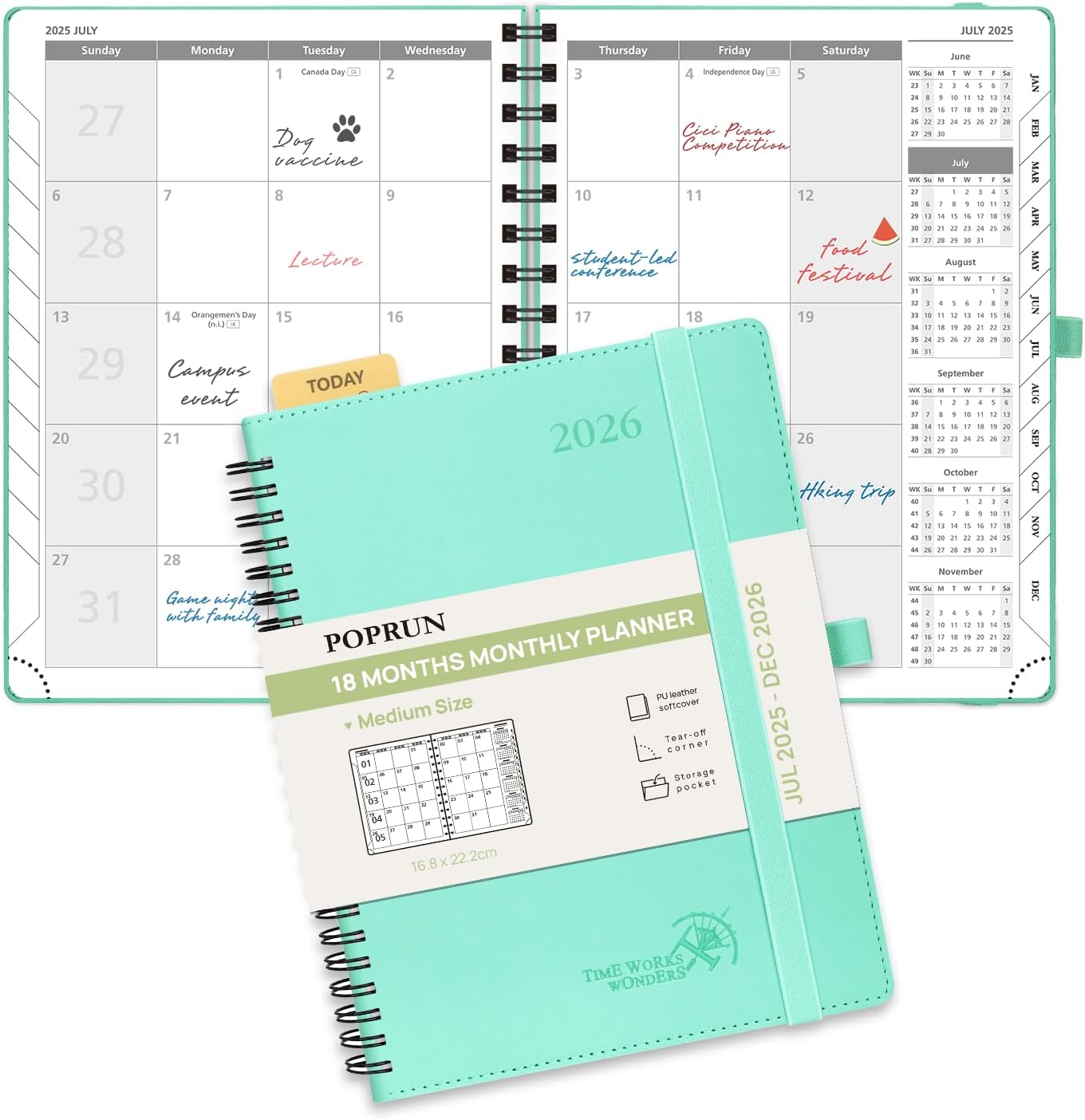 POPRUN Monthly Planner 2025-2026 Spiral Bound (6.5" x 8.5") 18 Months Calendar (Jul 2025 - Dec 2026) - 4 Pages per Month with Monthly Expense & Notes, Sunday Start, Leather Cover - Green