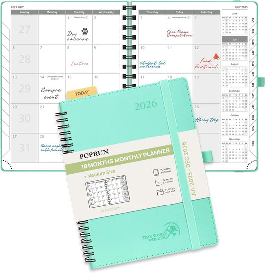 POPRUN Monthly Planner 2025-2026 Spiral Bound (6.5" x 8.5") 18 Months Calendar (Jul 2025 - Dec 2026) - 4 Pages per Month with Monthly Expense & Notes, Sunday Start, Leather Cover - Green