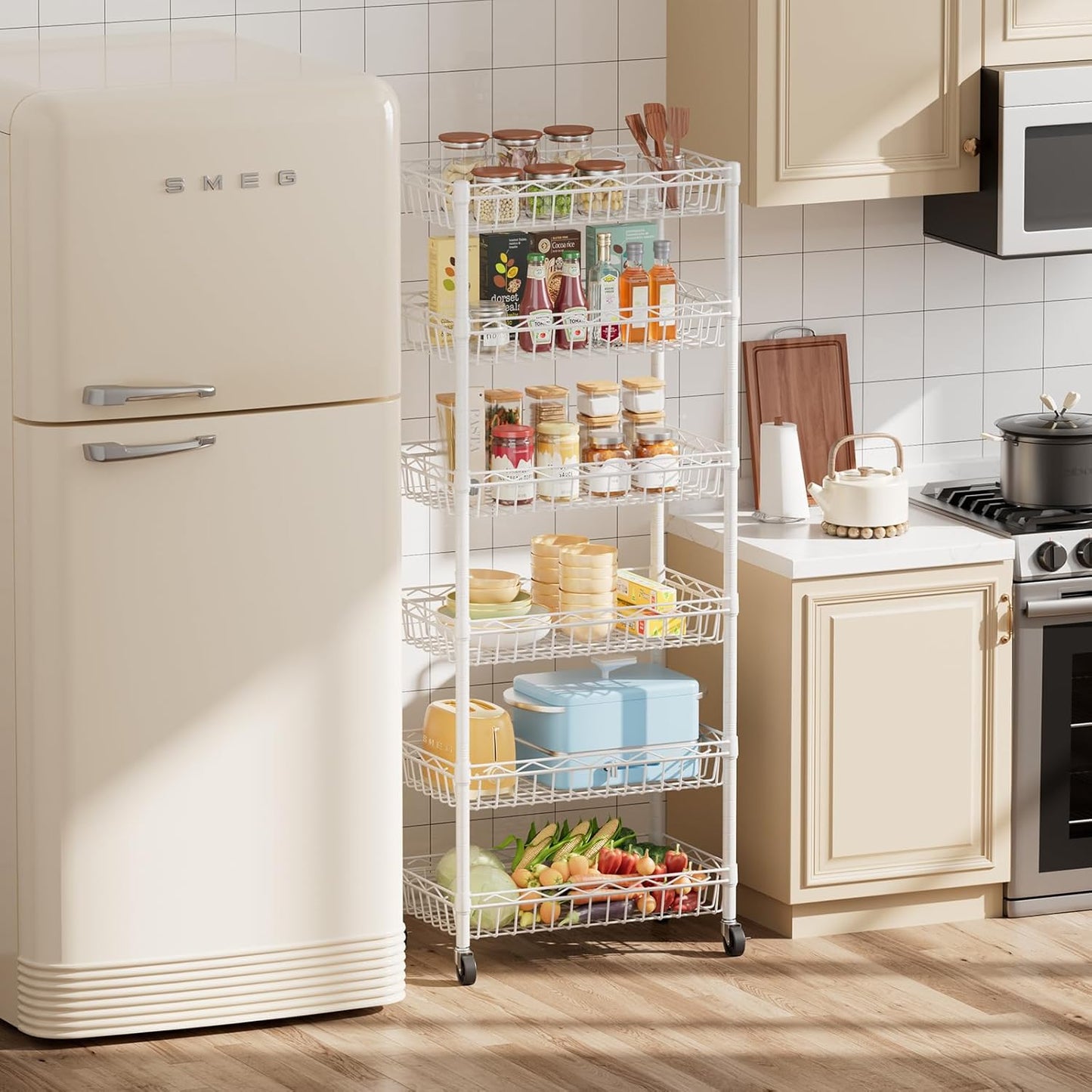 SINGAYE 6 Tier Basket Shelf Wire Shelving Unit Adjustable Storage Shelves Big Basket Rack for Garage Kitchen Office Pantry Corner 17" Dx12 Wx63 H White