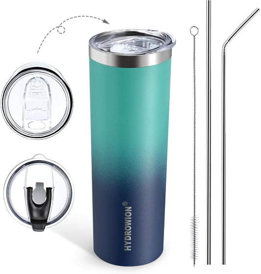 HYDROWION Triple-Insulated Tumblers - Stainless Steel with Lid and Straw, 20 oz Water Bottle, Stainless Steel Cups, Coffee Travel Mug for Home & Office Green-Blue Gradient