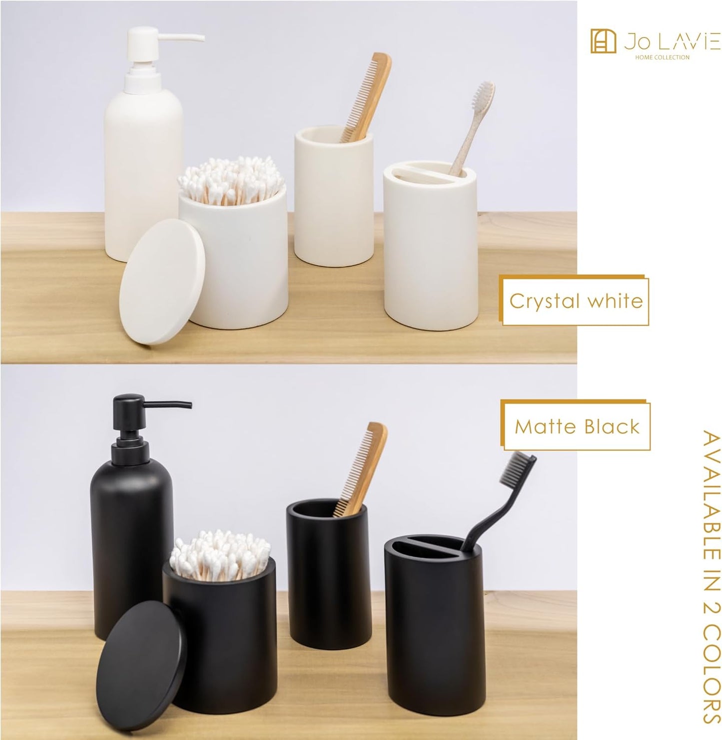 Matte White Bathroom Accessories Set – 4-Piece Resin Countertop Organizer with Soap Dispenser, Tumbler, Toothbrush Holder & Cotton Swab Jar – Modern Minimalist Vanity Kit