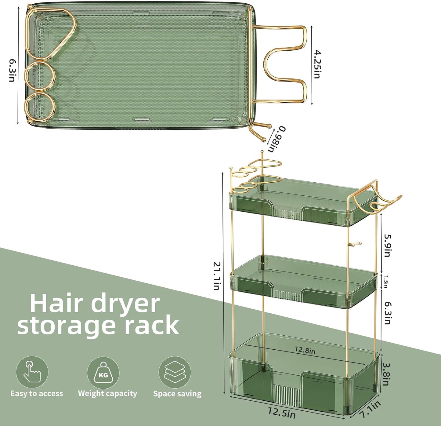 3 Tier Bathroom Organizer Countertop Makeup Perfume Tray Skincare Organizer Comes with Hair Dryer Rack and Toothbrush Holder for Bathroom Dresser Vanity (Green)