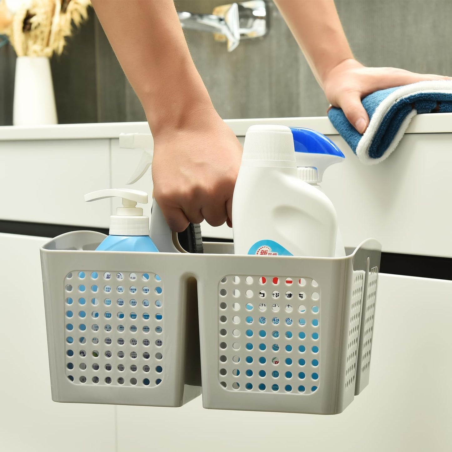 Portable Shower Caddy Basket with Compartments, Plastic Divided Cleaning Caddy Organizer Storage Tote with Handle for Bathroom, College, Dorm Room Essentials, Light Gray