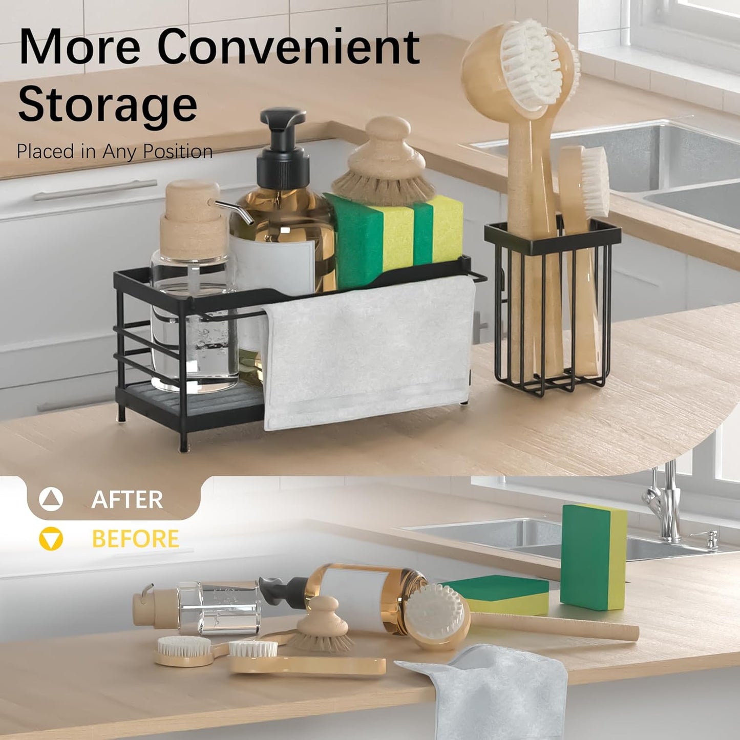 Sponge Holder for Kitchen Sink,Sink Caddy Organizer With Stone Drying Tray, Stainless Steel Kitchen Countertop Organizer for Sponge Soap Dispenser Black