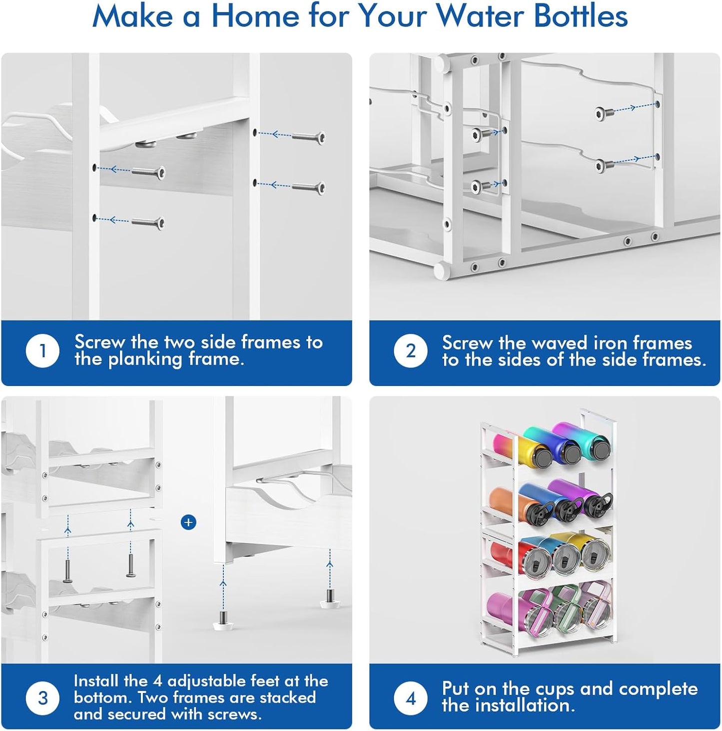 Wooden Water Bottle Organizer, 20/30/40oz Tumbler Organizer, Bottle Holder for Owala/Yeti/Stanley, Kitchen Pantry Water Bottle Storage Rack for Cabinets, Wood Wine Rack, 4 Tier Hold 12