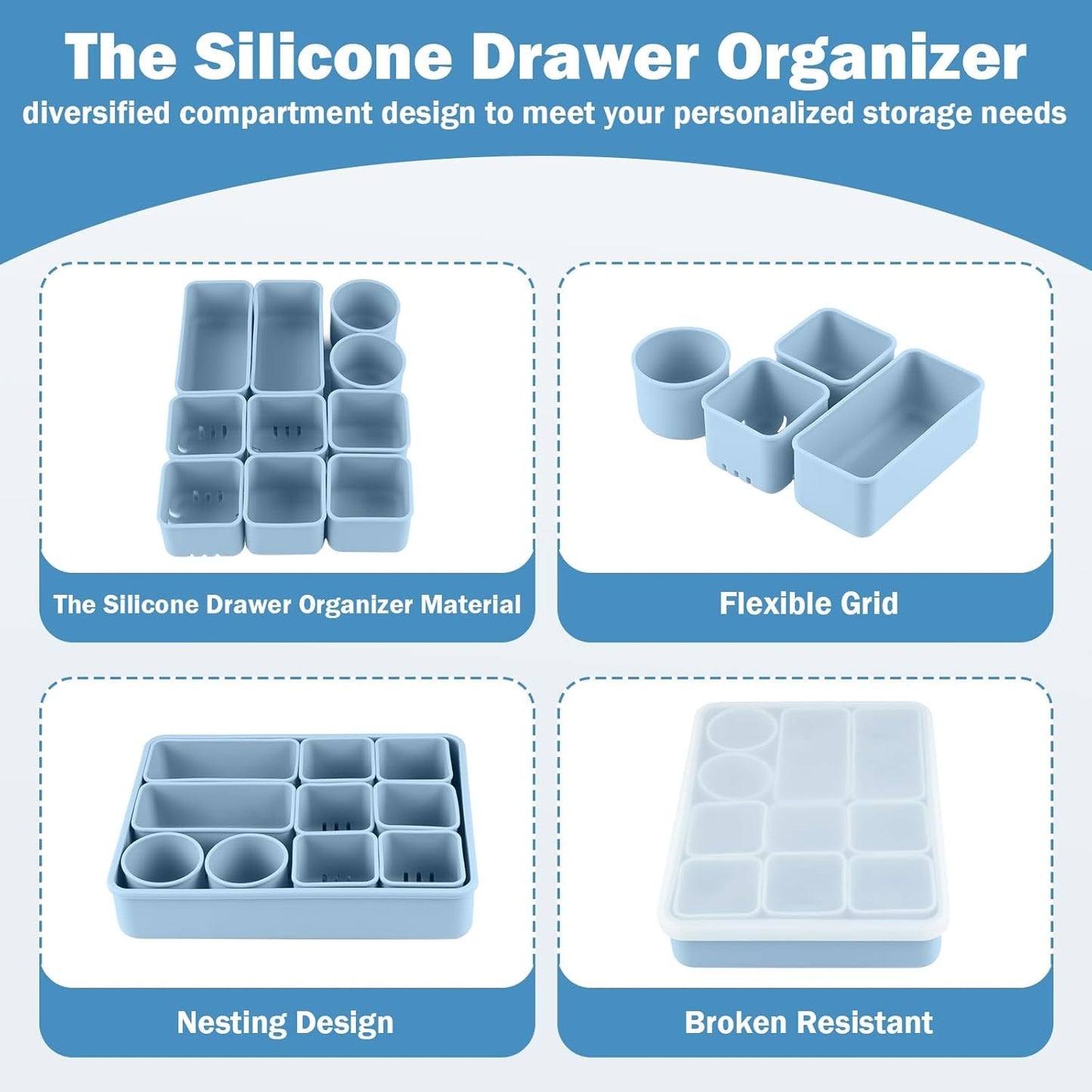 10 PCs Silicone Drawer Organizer Set, Desk and Vanity Makeup Organizer, Versatile Dresser Drawer Organizers for Makeup, DIY Storage, Home Organization, Bedroom, Office