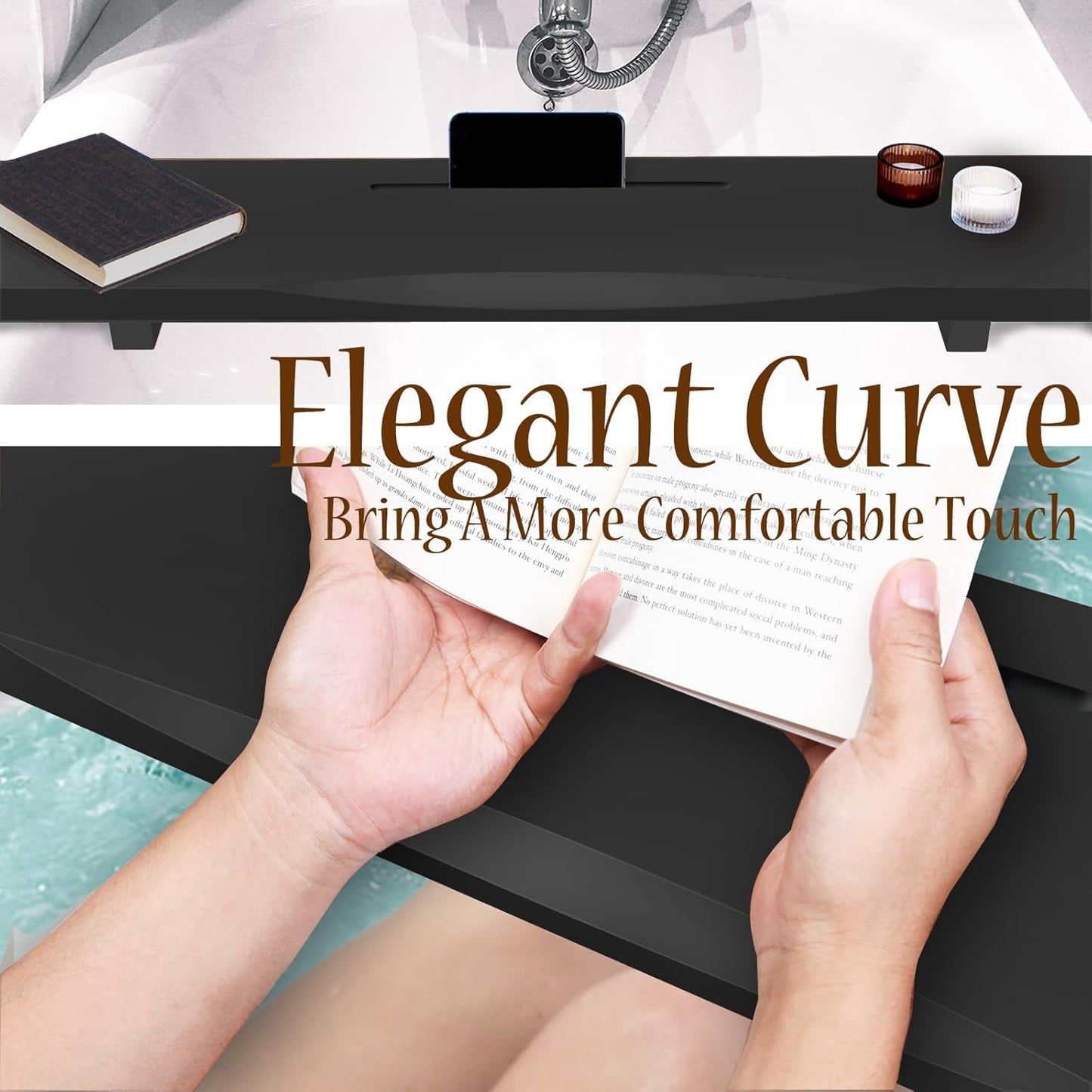 Stylish Black Bamboo Bathtub Tray Caddy with Adjustable Legs, Minimalistic Design Bath Tray for Tub, Bathtub Accessories, Fits Most Free Standing Bath Tubs, Idea for Women