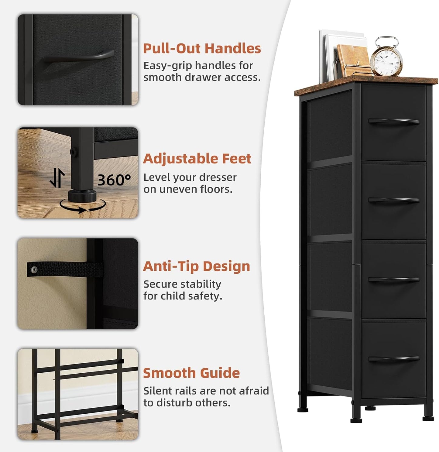 Somdot Narrow Dresser with 4 Drawers, Slim Storage Chest of Drawers with Removable Fabric Drawers for Closet Small Spaces Bathroom Bedroom Laundry, Black Rustic Brown Top