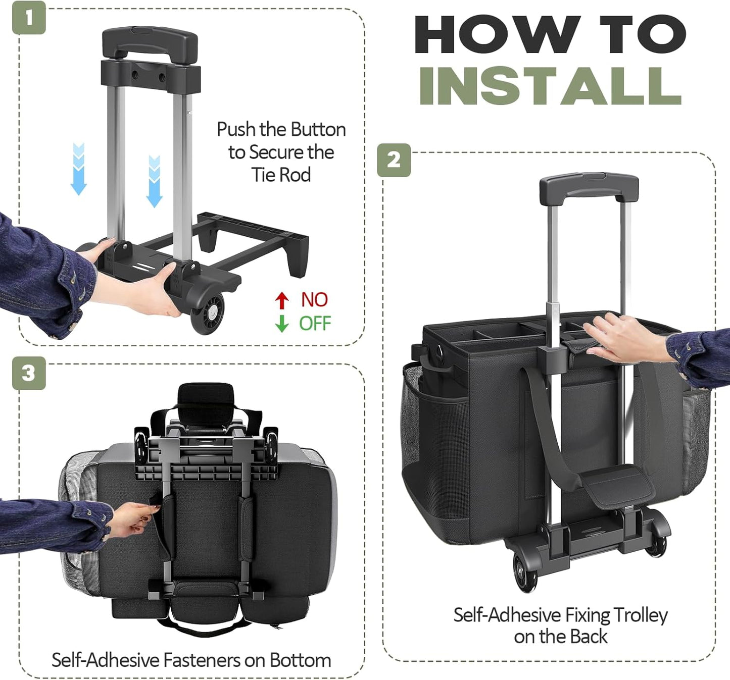 Rolling Cleaning Caddy Bag with Detachable Trolley, Cleaning Supplies Organizer Cart on Wheels, Cleaning Supply Caddy for Housekeepers, Large Professional Detailing Bag Tote for Home, Car (Black)